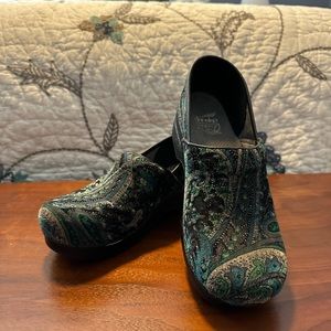 Dansko Vegan Velvet Green Paisley Clogs